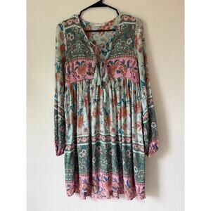 Blue Pink Floral Print Boho Long Sleeve V-Neck Tassel Dress Size Small